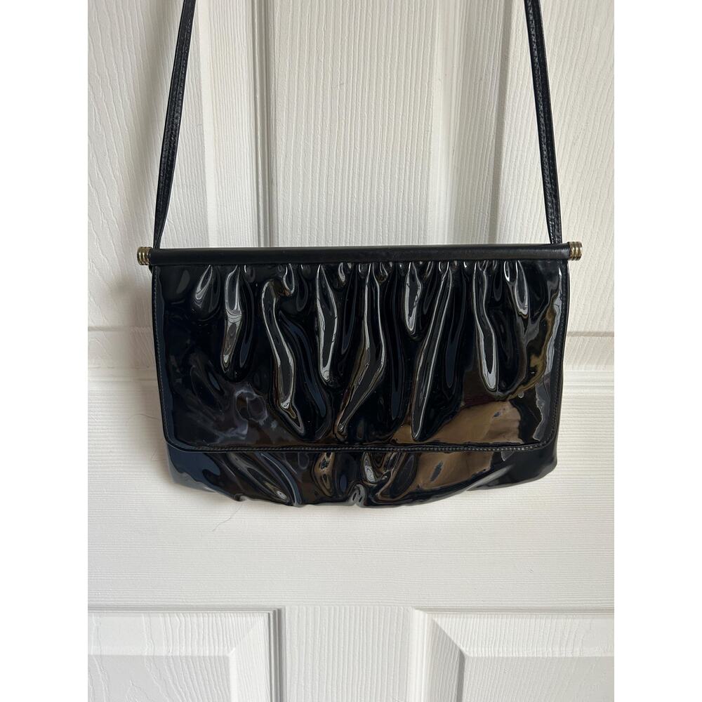 Vintage Black Patent Leather Evening Purse | Black Leather Shoulder Bag